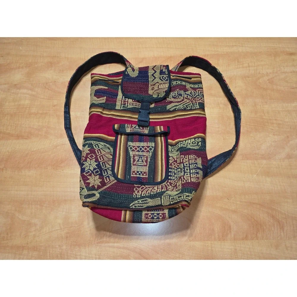 Vintage Andean Woven Tapestry Backpack Burgundy Geometric Tribal Boho Daypack
